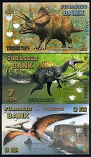 SET, Jurassic Bank, 1, 7 and 13 Din, 2015 POLYMER, UNC 3 Note Dinosaurs Set F