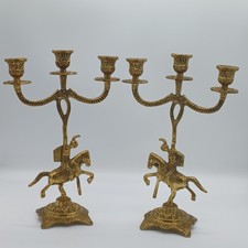 Antique Pair Of Brass Candle Holder 3 Candles, Large Brass With Horse Statue