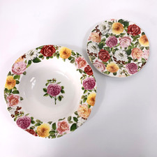 Vintage Portmeirion Rose Bouquet Bowl 21.5cm Flat Rimmed & 16cm Side Plate Set