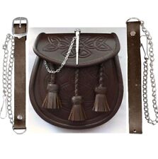 KILT SPORRAN CELTIC EMBOSSED BROWN LEATHER LATCH PIN DETAIL AND CHAIN FOR KILTS