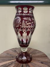 Large Antique Bohemian Lead Crystal Cut Glass Cranberry / Deep Red Vase.  Deer