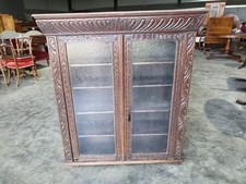 Antique dark oak carved ornate 2 door glazed bookcase cabinet