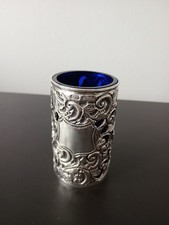 Antique - 1908 - Solid Silver Vase or Pen Pot with Blue Glass