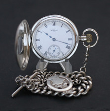 Waltham 17 Jewel Sterling Silver Half Hunter Pocket Watch + Chain + Case