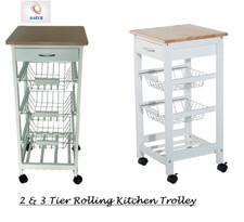 White Wooden 2 & 3 Tier Rolling Kitchen Trolley Basket Organiser Cabinet Cart