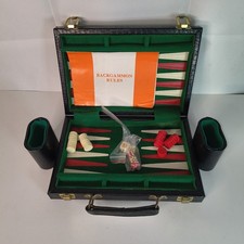 Vintage Backgammon Set Portable Complete Black Faux Leather Travel Case