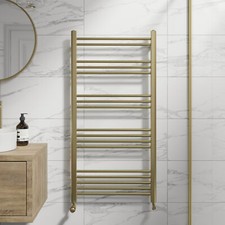 Heated Towel Rail Brushed Brass 1200 x 600mm Flat Bathroom Wall Mounted Steel