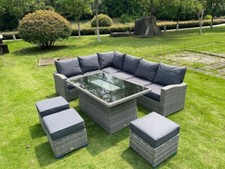 Rattan Garden Furniture Set with Fire Pit Table Outdoor Patio Corner Dining Sofa