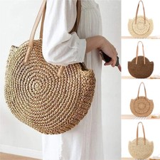 Women Boho Woven Handbag Summer Beach Tote Straw Bag Round Rattan Shoulder AF UK