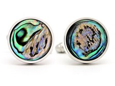 Mother pearl abalone natural round cufflinks, 18ct white gold with bullet back