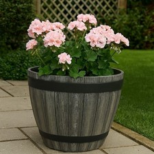 XXL Rustic Wood Effect Barrel Planter 51x38cm Large Garden Plant Pot Outdoor Tub