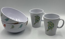 Picnic Camping Garden Set Melamine Ware Bird 2 x Bowls & Mugs Vgc
