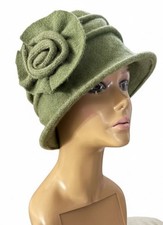 Downton Abbey Style Vintage Wool Felt Hat Sage Green 3D Flower Detail OSFM