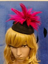 Pink black feather flower felt mini pill box hat veiling veil fascinator