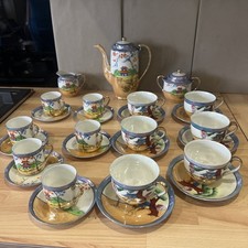 Japanese Hand Painted Tea And Coffee Set Gold Gilt Pagoda Design Milk Sugar Pot