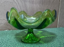 Vintage Viking Glass Green Epic Line 6 Petal Pedestal Bowl MCM   7" W x 4.5" H