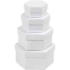 Set FOUR White Cardboard Hexagonal Gift Boxes Stackable Decorate or Paper Mache
