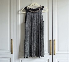 Gatsby 1920s Tassel Flapper Dress Black Silver Size L Beaded Neck Party Cocktail