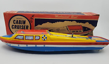 1960`s Ohio Art Tin Mechanical Wind-up Cabin Cruiser Boat With Box - 13" Long