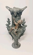 Antique 1880s French Decorative Spelter Vase with Grape Motifs & Angel Figure