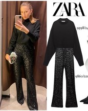 ZARA WOMAN BLACK HIGH WAIST FLARED SEQUINNED LEGGINGS PANTS SIZE XS