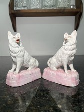 Antique Staffordshire Style Dog Figurines Pair White Pink Base Victorian