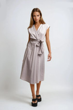 Women's Linen Blend Bohemian Embroidery V Neck Wrap Front A Shape Midi Dress