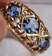 18Ct Gold Ceylon Sapphire Diamond Trilogy Cluster Antique Edwardian Ring Size Q