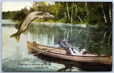 Postcard Fishing Is Always Good At Galena Illinois IL Man Boat Pike Fish IL05