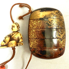 Japanese Vintage Wooden Gold Maki-e Inro 2.6×2.0in W/Netsuke 1.4in &Ojimedama FS
