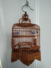 Vintage Chinese Bamboo Song Bird Handcrafted Cage Porcelain Feed Bowls