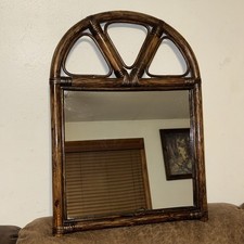Vintage Rattan Wicker Wood Wall Mirror 22”x16” Boho Coastal 1950s Shabby Chick