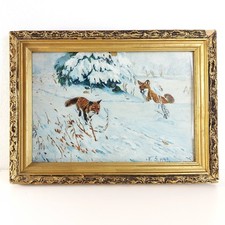 Vintage Oil Painting of Winter Scene With Fox, Hunting, c.1949 Romania(?) Europe