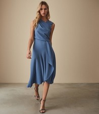 REISS Marling Wrap Front Midi Dress in Blue UK Size 8