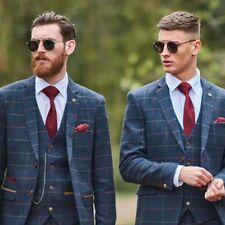 Blue Plaid Men Suit Herringbone Tweed Prom Groom Tuxedo Wedding Suit Custom $