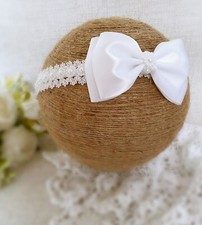 Baptism Headband in PURE WHITE Christening Headband with Satin Bow and Pearl