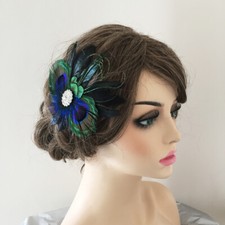 LUXE Blue Peacock Feather Fascinator Hair Clip Wedding Party Vintage Headpiece