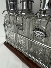 Vintage Mid-Century Liquor Glass Decanter Set, Tantalus, Shot Pump Locks, 1950’s