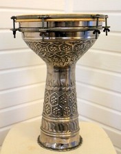 Vtg 1970s Middle East Darbuka Doumbek Goblet Drum Hand-worked Metal 13.5"
