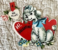 Unused Valentine Poodle White Dog Puppy Ribbon Vtg Greeting Card 1950s 1960s