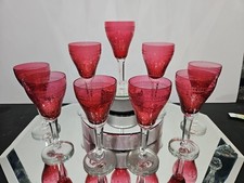 (9) Wine glasses 5-7/8", Antique Cranberry Red Pink Clear Stem needle etched