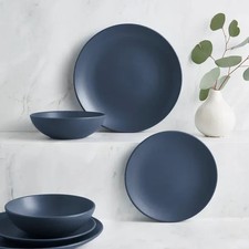 12 Pc 100% Stoneware Dinner Set Kitchen Plates Bowl Medium Navy Blue Matte