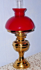  VINTAGE DBL WICK BRASS OIL LAMP DEEP RED  SHADE 19" HIGH GOOD WORKING ORDER 