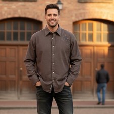 Cowboy Militia Button Up Men's 2XL Brown Striped Snap Embroidered Cross & Guns