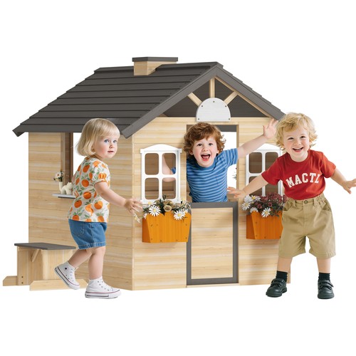 Outsunny wooden kids playhouse - wooden,