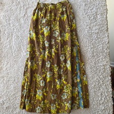VTG Oilily Women's Maxi Skirt Brown Teal Floral Side Slit Rayon Elastic Waist SM
