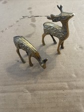 2 Vintage Brass Spotted Deer Standing Figurines Buck & Doe