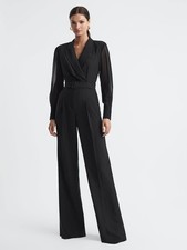 REISS Flora Sheer Belted Double Breasted Jumpsuit Playsuit in Black