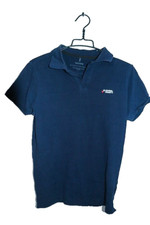Vintage men's Elevate Admiral Market navy short sleeve polo shirt in M|L27W19