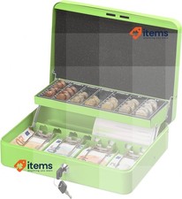 Relaxdays Lockable Cash Box, Coin Tray and 4 Bill Compartments, Iron Case Green